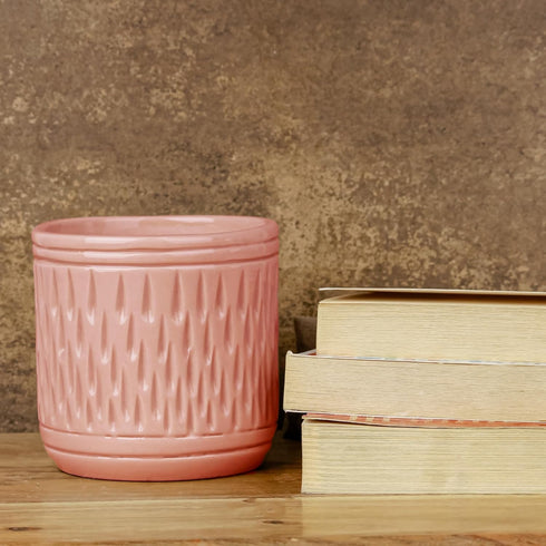 Pink Carved Cylindrical Ceramic Planter - The Earth Store - Planter